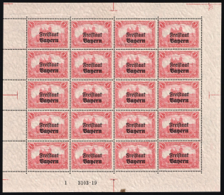 1919 Bavaria, German States, Germany, Full Sheet (Mi. 148 B, 148 HAN A, Plate Number '1 3103•19', CV $120)