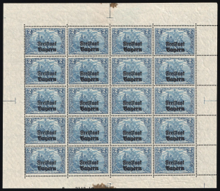 1919 2m Bavaria, German States, Germany, Full Sheet (Mi. 149 B, 149 HAN A, Plate Number, CV $170, MNH)