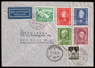 1950 (17 Jan) German Federal Republic, British and American Zones of Occupation, Germany, Airmail Cover from Stuttgart to New York franked with full set of Mi. 117 - 120, Mi. 108 and 73 (CV $370)
