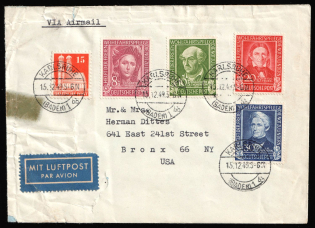 1949 (15 Dec) German Federal Republic, British and American Zones of Occupation, Germany, Airmail Cover from Karlsruhe to New York franked with full sets of Mi. 117 - 120 and Mi. 81 (CV $350)