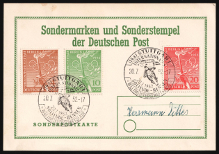1952 (20 Jul) 'Special stamps and Special Cancellations of the Deutsche Post', West Berlin, Germany, Souvenir Card from Stuttgart franked with full set of Mi. 88 - 90 (Commemorative Cancellations, CV $90)