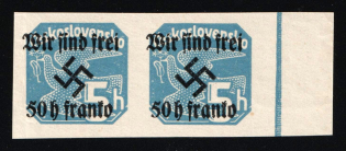 1938 50h on 5h Occupation of Rumburg, Sudetenland, Germany, Pair (Mi. 25, Margin, Blue Control Strip, MNH)