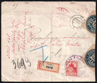 20 (7 Oct) Czechoslovak Legion in Siberia Military Mail Field Post registered сover to Prague franked with 1r (Russika 5, CV $350) tied by Legion's postmark, with multiple post markings and blue sealing labels, signed, very rare