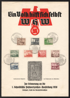 1938 (8-19 Jan) 'People help themselves', The First Exhibition of Swabian Postage Stamps, Third Reich Nazi Germany, Souvenir Sheet franked with full set 'Winter Relief Organization: Ships' Issue (Mi. 651 - 659, Commemorative Cancellations)