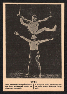1944 Hitler and Mussolini Acrobats, Mint Holland Postcard, Anti-Germany Propaganda