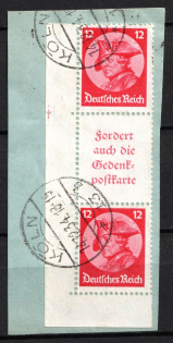 1933 12pf on piece Third Reich, Germany, Se-tenant, Zusammendrucke (Mi. S 105, Corner Margin, Used, CV $160)