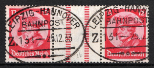 1933 12pf Third Reich, Germany, Se-tenant, Zusammendrucke (Mi. WZ 10, Used, CV $160)