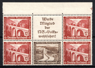 1936 Third Reich, Germany, Se-tenant, Zusammendrucke, Block (Mi. W 114, W 118, Margin, CV $60, MNH)