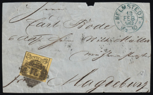 1862 (18 Feb) Brunswick, German States, Germany, Cover from Helmstedt to Marburg franked with 1sgr Mi. 11 A (CV $150)