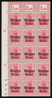 1916-18 10c Belgium, German Occupation, Germany, Block (Mi. 14, Corner Margin, Plate Numbers, CV $40, MNH-MLH)