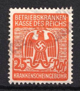 25rpf Third Reich, Germany, Revenue, Reich Medical Insurance Fund, Health Certificate Fee (Used)
