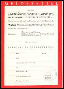 Third Reich, Germany, Registration Form for Military Service in the Police 'SS' Division