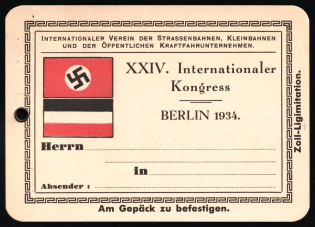1934 Third Reich, Germany, Berlin, '24th International Congress', Luggage Tag (Mint)
