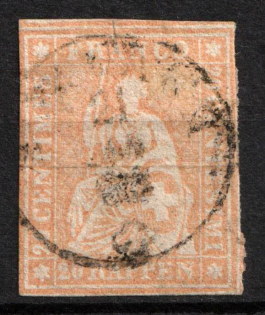 1854 20Rp Switzerland (Mi. 16 ll, Thick Paper, Used, CV $90)