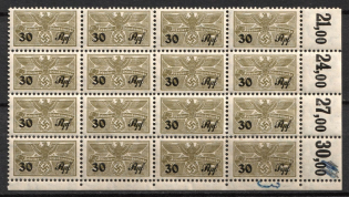 30rpf Third Reich, Germany, Revenue, Vacation Worker Tax, Block of 16 (Plate Numbers, Margins)
