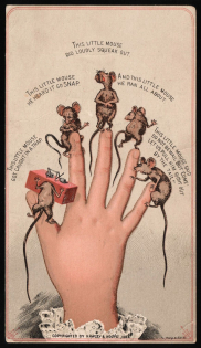 1884 Hawley & Hoops Comical Card, Little Mice on Lady's Fingers, United States, Advertising Trade Card