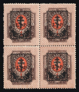 1919 6r on 1r West Army, Russia, Civil War, Block of Four (Russika 33, CV $425)