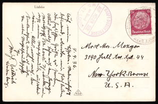 1936 (7 Apr) Third Reich, Germany, Sea Post Postcard to New York franked with 15pf