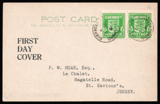 1941 (7 Apr) Guernsey, German Occupation, Germany, FDC Postcard from Guernsey to Jersey franked with pair of 0.5p (Mi. 1 d, Emerald Green Color, CV $50)