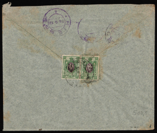 1918 (24 Sept) Ukraine, Registered Commercial Cover from Yekaterinoslav (Katerynoslav) to Kiev (Kyiv) franked with 25k pair Yekaterinoslav Type 1 Ukrainian Tridents (Signed)