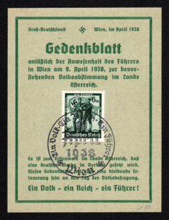 1938 'Memorial Sheet on the Occasion of the Presence of the Fuhrer in Vienna on April 9, 1938, Jur Previous Referendum in the Country Austria', Propaganda Souvenir Sheet, Third Reich Nazi Germany