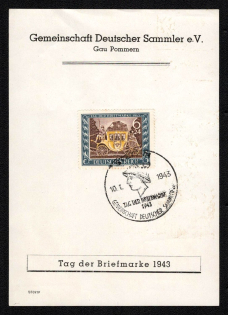 1943 'Community of German Collectors Gau Pomerania. Day of the Stamp 1943', Propaganda Souvenir Sheet, Third Reich Nazi Germany