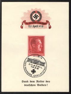 1938 'Jum Birthday of Our Fubrer April 20, 1938', Propaganda Souvenir Sheet, Third Reich Nazi Germany