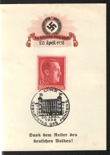 1938 'Jum Birthday of Our Fubrer April 20, 1938', Propaganda Souvenir Sheet, Third Reich Nazi Germany