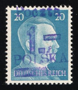 1945 1zl on 20pf Legnica Local Issue on Hitler's Head, Poland (Fischer 8, CV $80)