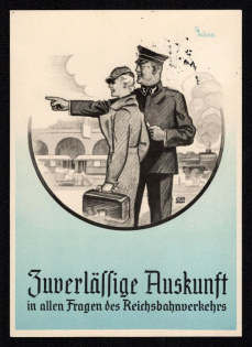 1937 'Reliable Information in All Questions of Reichsbahn Traffic', Propaganda Postcard, Third Reich Nazi Germany