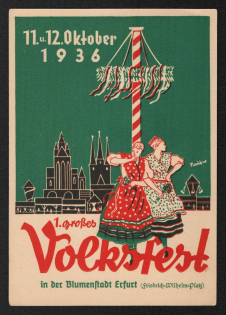 1936 'Big Folk Festival in the Flower City of Erfurt (Friedrich Wilhelm-Platz)', Propaganda Postcard, Third Reich Nazi Germany