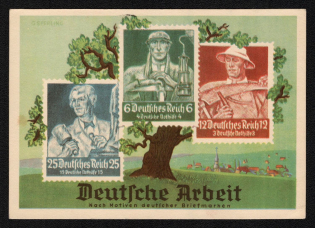 1936 'German Work According to Motives for German Stamps', Propaganda Postcard, Third Reich Nazi Germany