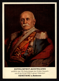 1938 'Zeppelinpost Exhibition on the Occasion of the 100th Birthday of Count Zeppelin from July 8th to 12th, 1938 in His Birthplace', Propaganda Postcard, Third Reich Nazi Germany