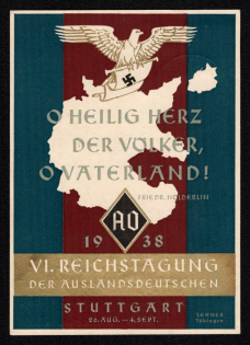 1938 'O Holy Heart of the Volker, Ovaterland! Reichstreag of Germans Abroad', Propaganda Postcard, Third Reich Nazi Germany