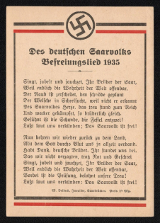 1935 'Of the German Saar People Liberation Song 1935', Propaganda Postcard, Third Reich Nazi Germany