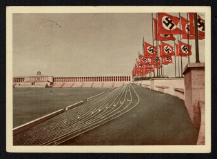 1938 'Nuremberg - Reich Party Rage Area Zeppelinwiese Honorary Grandstands with Flag Blocks', Propaganda Postcard, Third Reich Nazi Germany
