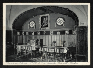 1936 'Sternecker-Brau Munich Restaurant Founding Centre of the N. S. D. A. P. Daily Concert by the Dachau Chapel', Propaganda Postcard, Third Reich Nazi Germany