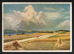 'The Streets of Adolf Hitler's Reichsautobahn from Handel-Mazzetti, Autobahn by Markisches Land', Propaganda Postcard, Third Reich Nazi Germany