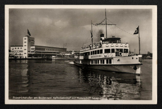 'Friedrichshafen on Lake Constance. Hafenbahnhof With Motor Ship Ravensburg', Propaganda Postcard, Third Reich Nazi Germany