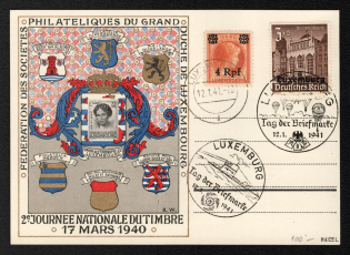 1940 'Philateliques Du Grand Federation of the Society Duche De Luxembourg Journee Nationale Dutimbre 17 Mars 1940', Propaganda Postcard, Third Reich Nazi Germany