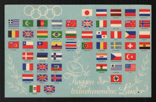 1936 'The Flags of the Participating Countries', Propaganda Postcard, Third Reich Nazi Germany