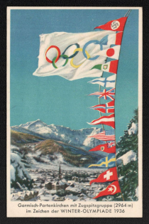 1936 'Garmisch-Partenkirchen with Zugspitzgruppe (2964 M) in the Sign of the 1936 Winter Olympics', Propaganda Postcard, Third Reich Nazi Germany