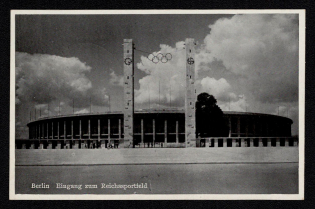 1938 'Berlin Entrance to the Reichsportfeld', Propaganda Postcard, Third Reich Nazi Germany