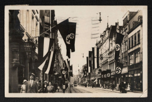 1935 'Bahnhofstrasse in the Flag Decoration', Propaganda Postcard, Third Reich Nazi Germany