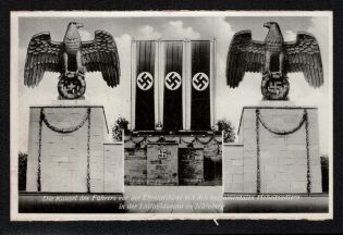 1938 'The Leader's Pulpit in Front of the Grandstand with the Monumental Sovereigns in the Luitpold Arena in Nuremberg', Propaganda Postcard, Third Reich Nazi Germany