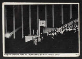 1938 'The Guide Speaks in Front of 180,000 Political Leaders During the Appeal on the Zeppelin Meadow', Propaganda Postcard, Third Reich Nazi Germany