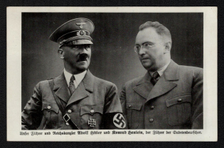 1938 'Our Fuhrer and Reich Chancellor Adolf Hitler and Konrad Henlein, the Leader of the Sudeten Germans', Propaganda Postcard, Third Reich Nazi Germany