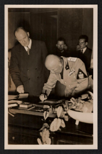 1938 'Prime Minister Mussolini Signs the Munich Agreement', Propaganda Postcard, Third Reich Nazi Germany