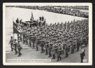 1936 'Vorbeimarsch on the Adolf Hitler Plats. Reich Party Day 1936', Propaganda Postcard, Third Reich Nazi Germany