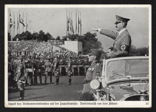 1937 'Appeal of the Reich Labor Service on the Zeppelinwiefe Vorbeimarsch in Front of the Fuhrer', Propaganda Postcard, Third Reich Nazi Germany